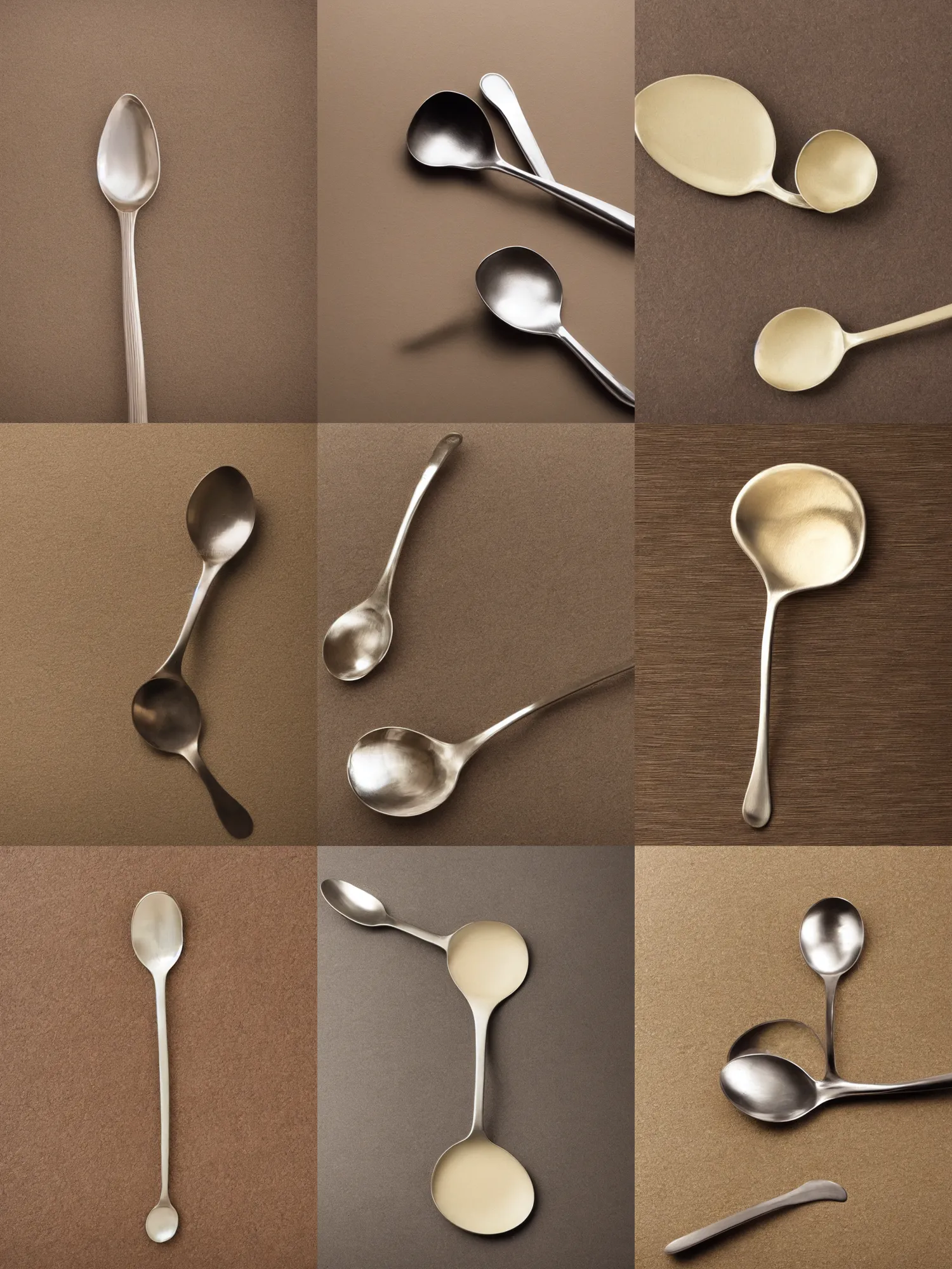 Prompt: framed stock picture of single stainless steel spoon, slightly rotated along its major axis, late'9 0 s to early 2 0 0 0 s, beige to creme background