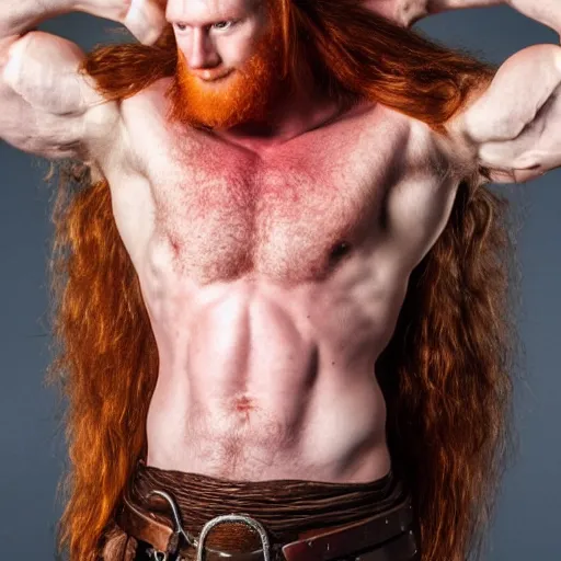 Prompt: ginger viking with flowing long wavy hair, wearing leather armor, very muscular, very pale skin, very hairy, shirtless, very tall, strong, powerful, majestic, imposing, full body picture, 4 k