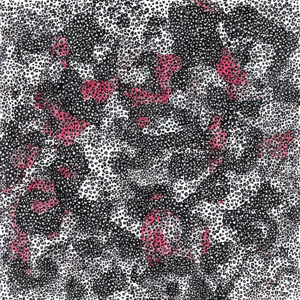 Image similar to camo made of hearts, smiling, abstract, rei kawakubo artwork, cryptic, dots, stipple, lines, splotch, color tearing, pitch bending, color splotches, dark, ominous, eerie, minimal, points, technical, old painting