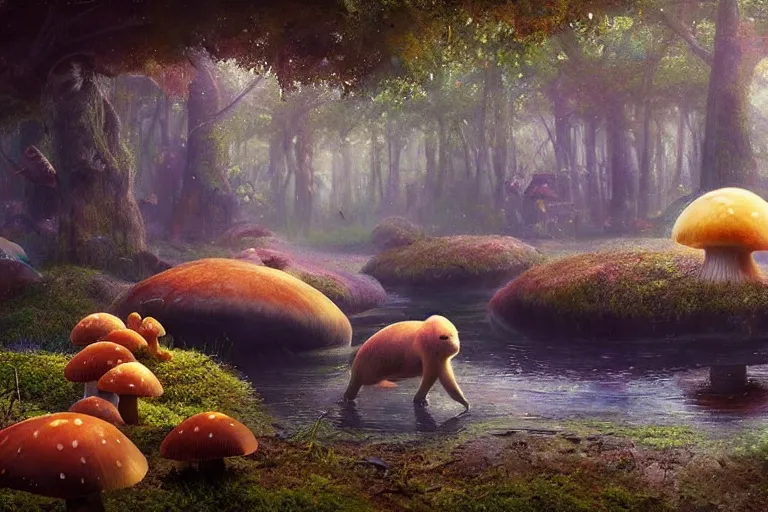 Image similar to Capybaras swimming in a magic lake in a mushroom forest, digital art, psychedelic, by WLOP, by Artgerm, by Greg Rutkowski, volumetrics, octane render