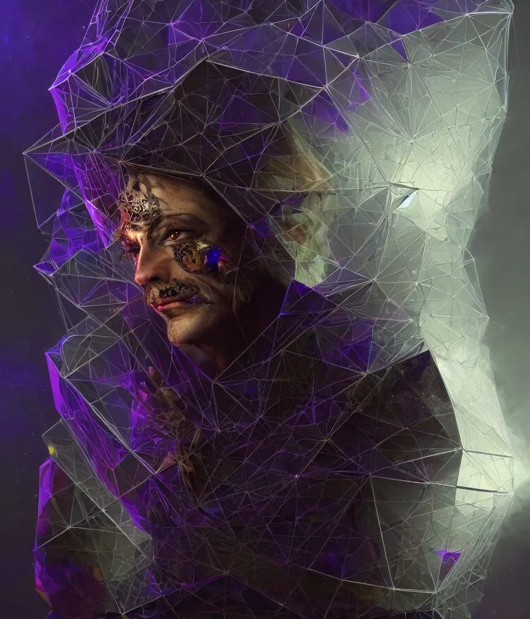 Image similar to front!!! shot of a court jester!!! character, mesmerizing fractal hypercubes, grid, dark holography!!!, future, metallic galactic, crystalline edges, polygonal, elegant, highly detailed, centered, (((artstation, concept art, jagged, sharp focus, artgerm, Tomasz Alen Kopera, Peter Mohrbacher, donato giancola, Joseph Christian Leyendecker, WLOP, Boris Vallejo))), ((raytracing)), mugshot!!!!!, ugly!!!!!!, octane render, nvidia raytracing demo, octane render, nvidia raytracing demo, octane render, nvidia raytracing demo, 8K