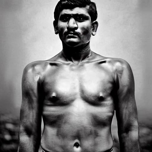 Image similar to color photo, portrait of indian kushti wrestler by richard avedon, realistic, Leica, medium format, cinematic lighting, parallax, high resolution,