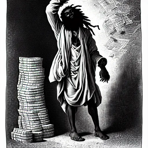 Image similar to young black man with freeform dreadlocks holding stacks of cash, biblical image, style of gustave dore, highly detailed, beautiful, high contrast, black and white