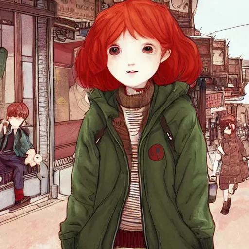 Prompt: A cute cartoon ginger girl with puffy red hair, wearing a brown jacket over a black hoodie in a busy asian city, digital art, Akihiko Yoshida