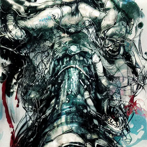 Image similar to liminal space creepy murkey water indoor ocean storm horrific creature underneath your feet, by dzo and scott fischer yoji shinkawa horror art