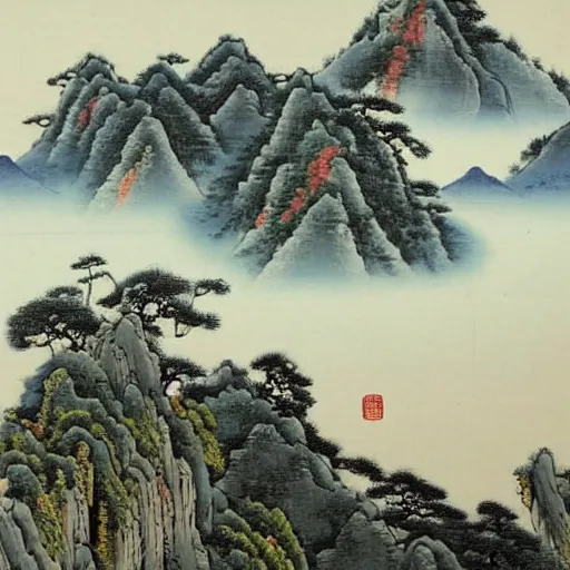 Prompt: overlooking of a beautiful mountain landscape with detailed painting of dark rocks,peaks and cliffs,green trees and scattered red,orange or white small flowers seen from distance The river is full of clear blue crystal water under a cloudless blue sky 千里江山图,masterpiece of traditional Chinese painting; Qian Li Jiang Shan Tu;A Thousand Li of Rivers and Mountains by Wang Ximeng,bright illuminated,Vintage Mood Effect,Terragen, photography,landscape 清明上河图,Qingming Shanghe Tu (Ascending the River at Qingming Festival) by Zhang Zeduan,a scene in the Northern Song dynasty's Eastern Capital, Kaifeng,;overview of a street full of people with a bridge over a river and boats beautiful, colorful,telephoto lens;figurativism,by Craig Potton; Ferdinand Knab;John Atkinson Grimshaw;James Gurney bright illuminated,Vintage Mood Effect,Terragen, photography,landscape