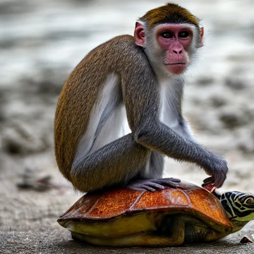 Image similar to a photograph of a monkey sitting on the back of a turtle