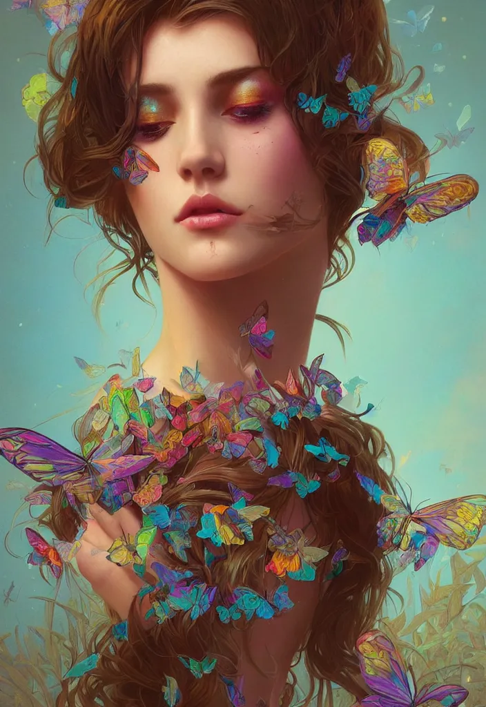 Prompt: beautiful, young woman, detailed gorgeous face, sad eyes, surreal, crying, vaporwave aesthetic, synthwave, colorful, psychedelic, digital art, butterflies, birds, digital painting, artstation, concept art, smooth, sharp focus, illustration, art by artgerm and greg rutkowski and alphonse mucha