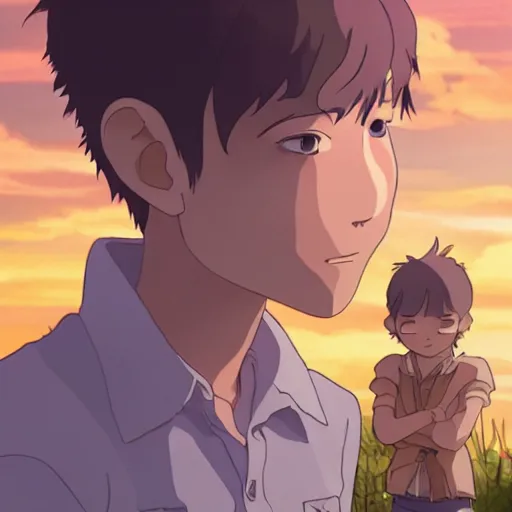 Image similar to friendly guy and small creature , with Fragile looking character portrait face made by Studio Ghibli highly detailed art, beautiful scene, sharp focus, smooth, 8k, anime art, wild, dark, fantasy, peaceful, sunshine, sun