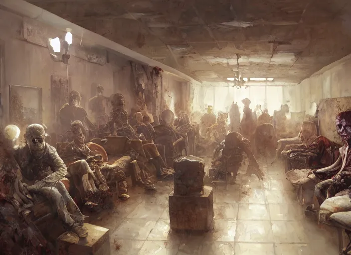 Prompt: zombies waiting in a waiting room, eerie, liminal, isometric, by craig mullins, by mattias adolfsson, by jc leyendecker, oil on canvas,