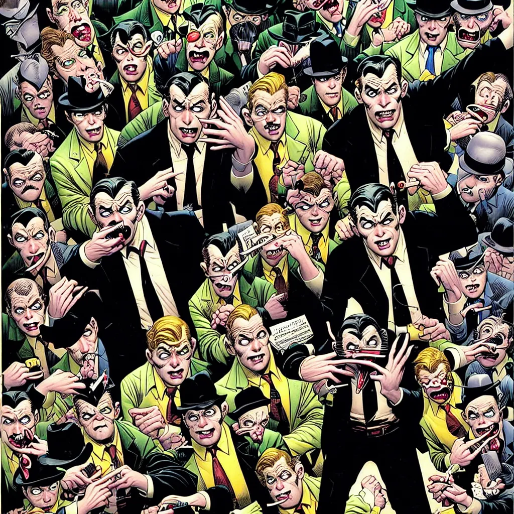 Prompt: drawing of gotham city's finest investigative reporter jack ryder with 1 4 tiny jokers reaching out of his mouth, 4 k art by brian bolland, graphic novel cover art