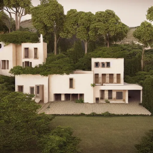 Prompt: beige rectangular house with big courtyard, roman villa, collumns, on a hill surrounded by big trees, dramatic lighting, artstation, matte painting, raphael lacoste, simon stalenhag, frank lloyd wright, zaha hadid, drone view