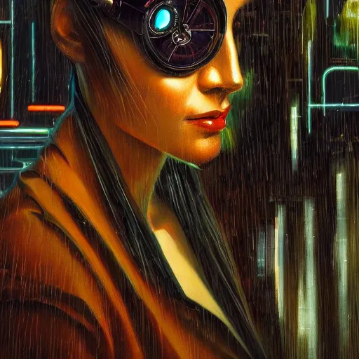 Image similar to detailed face of a clockwork woman, moment, cyberpunk cloisters, electronic billboards, tech noir, wet reflections, prism, atmospheric, ambient, pj crook, syd mead, livia prima, greg rutkowski, edward hopper