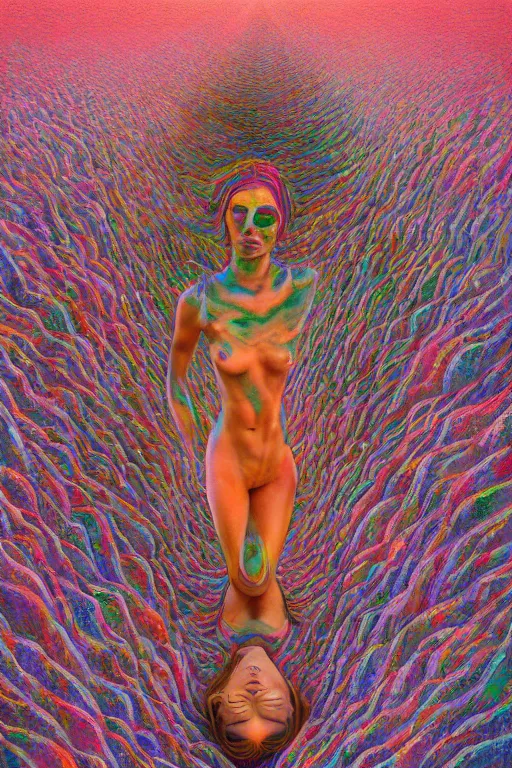 Prompt: acid tripping cult girl third eye open, chakra energy waves resonating from her body, ethereal aura, epic surrealism 8k oil painting, portrait, perspective, high definition, post modernist layering, by Sean Yoro, Casey Weldon