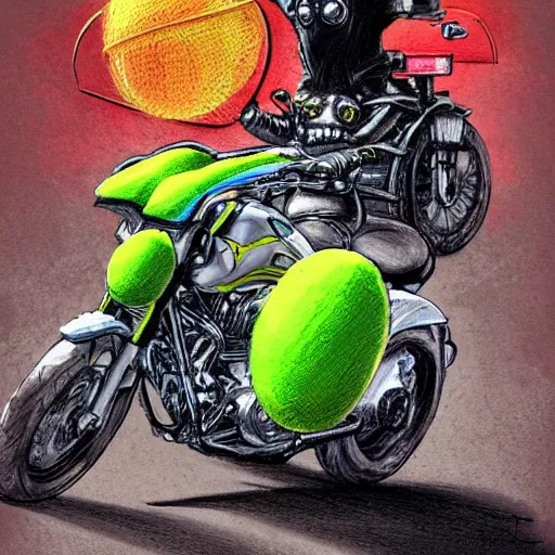 Prompt: a tennis ball monster on a motorcycle harley davidson on a tennis court, digital art, fantasy, magic, chalk, trending on artstation, ultra detailed, professional illustration by basil gogos