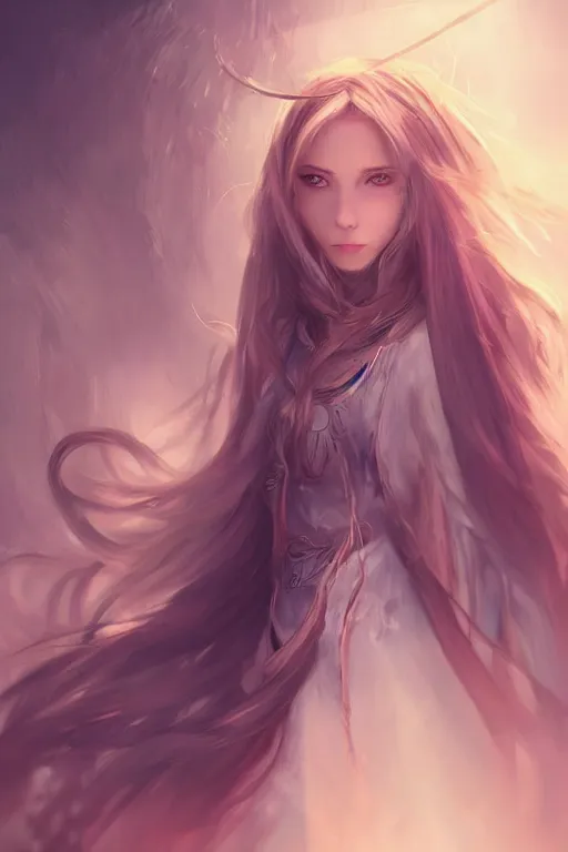 Image similar to A beautiful female cleric with long flowing hair by WLOP