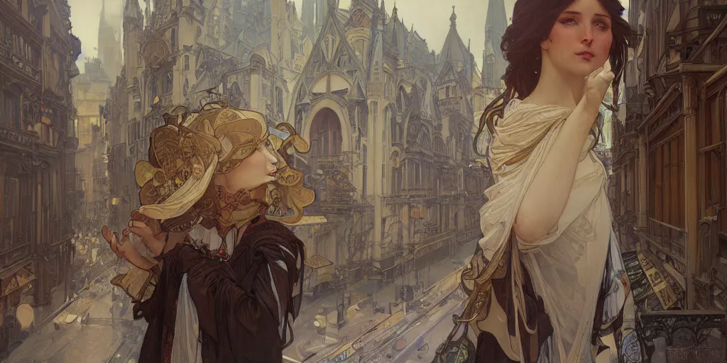 Image similar to city street, beautiful, alphonse mucha, greg rutkowski, trending on artstation, artgerm, breathtaking, sharp focus, smooth, mark arian, award winning, highly detailed 4 k art