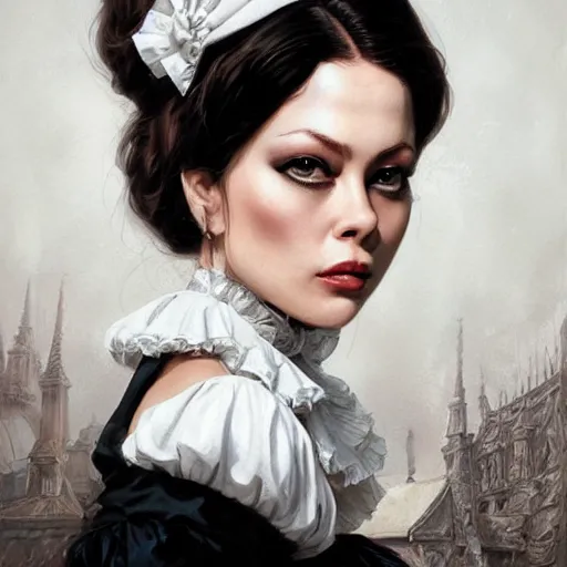 Image similar to a portrait of ornella muti as a french maid, urban motifs, intricate, elegant, highly detailed, digital painting, trending on artstation, concept art, smooth sharp focus, illustration, art by artgerm and greg rutkowski