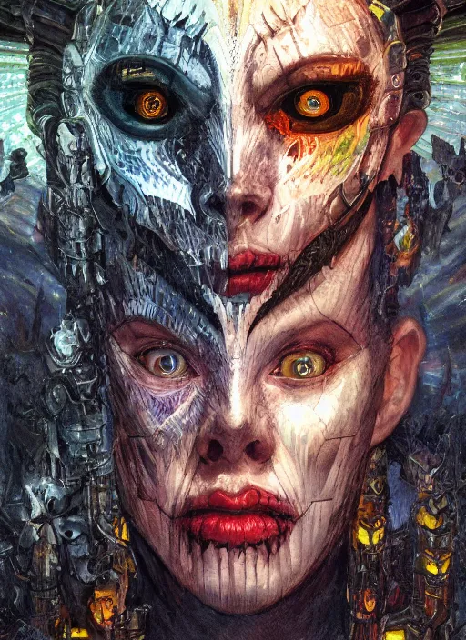 Image similar to symmetry! middle closeup chamber portrait of a biblical diabolical girl!! stylish cyborg armor, pirate spaceship, heavy eyes to the side, closeup, bright glowing eyes, in clouds, rain, sunset, by gerald brom, by mikhail vrubel, by peter elson, muted colors, extreme detail, mirrors, trending on artstation, 8 k