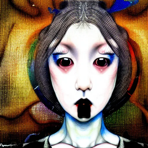 Prompt: yoshitaka amano blurred and dreamy realistic three quarter angle portrait of a beautiful young woman with black lipstick and black eyes wearing dress suit with tie, junji ito abstract patterns in the background, satoshi kon anime, noisy film grain effect, highly detailed, renaissance oil painting, weird portrait angle, blurred lost edges