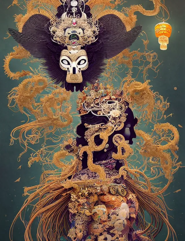 Image similar to goddess portrait with mask and crown made of ram skull. beautiful intricately detailed japanese crow kitsune mask and clasical japanese kimono. betta fish, jellyfish phoenix, bioluminescent, plasma, ice, water, wind, creature, super intricate ornaments artwork by tooth wu and wlop and beeple and greg rutkowski