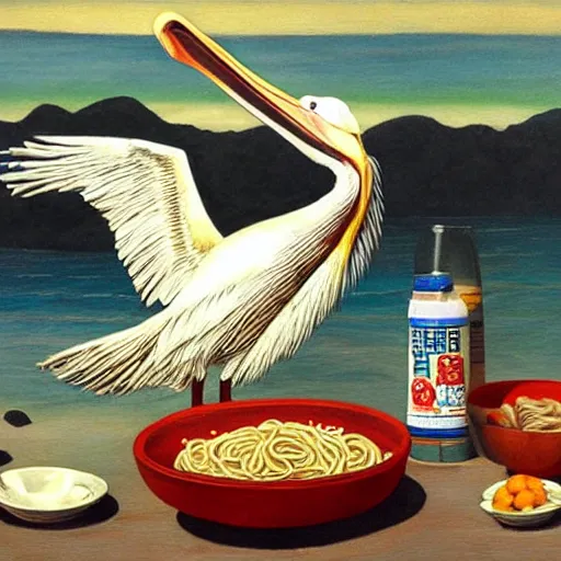 Prompt: pelican eating noodles cinematic composition hyper realism