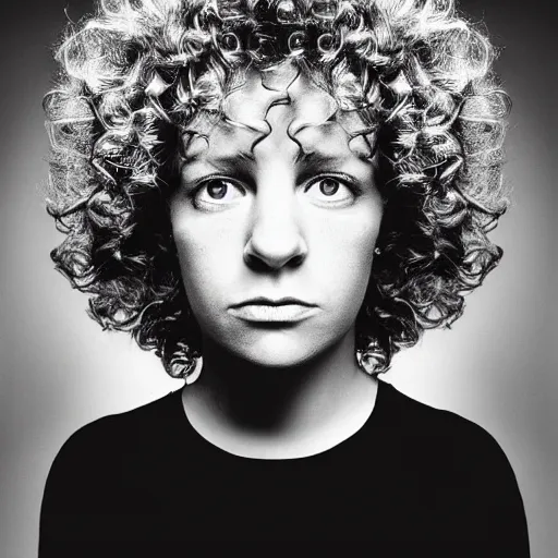 Image similar to symmetrical human portrait of lisa simpson with blonde curly hair, grainy high contrast black and white photography photo print ilford warm tone