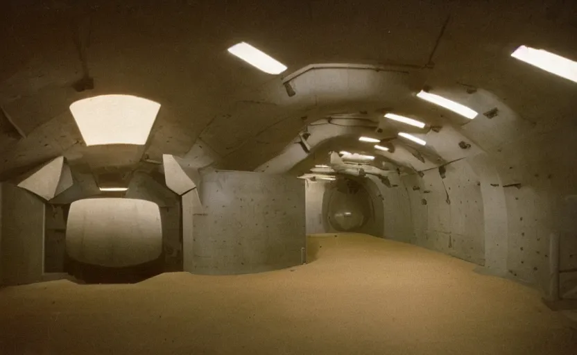 Image similar to Interior shot of a secret bunker by stanley kubrick, shot by 35mm film color photography