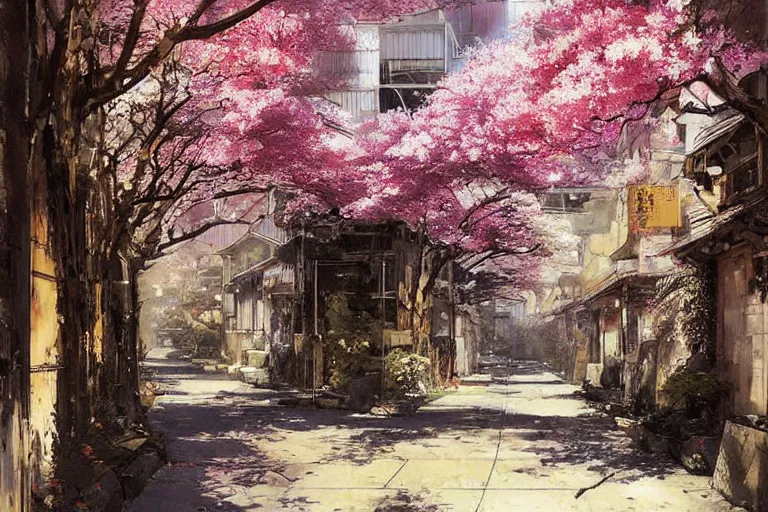 Prompt: beautiful Japanese anime alleyway with sakura trees, art by JOHN BERKEY, rule of thirds