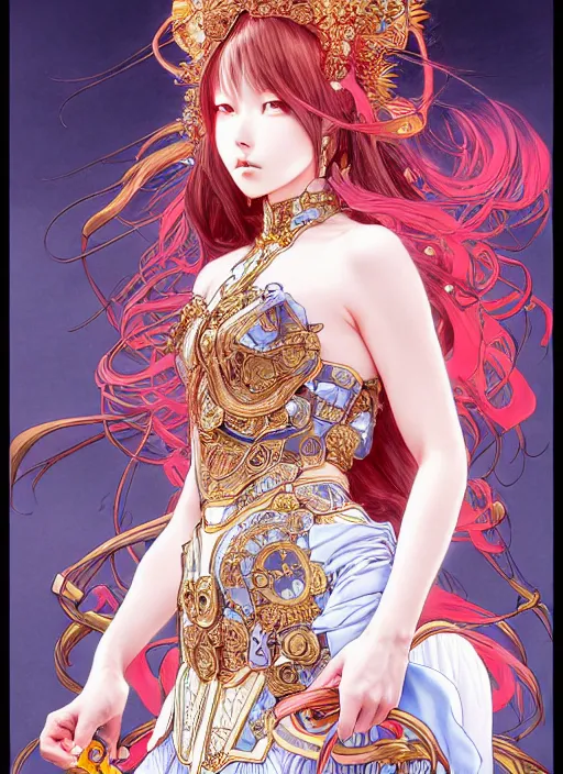 Image similar to highly detailed artgerm artstation minaba hideo fantastic fate katsuhiro otomo manga poster of princess mechine, minaba hideo,, long hair, armor, dress, laces, ruffles, 8 k, fluorescent, maximalist, jump comics, art nouveau, alphonse mucha