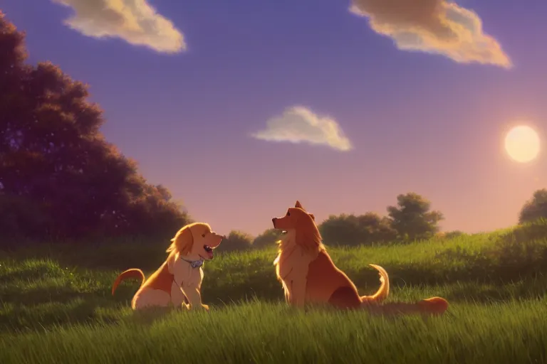 Image similar to a wholesome animation key shot of a golden retriever and a cat playing on a hill, medium shot, studio ghibli, pixar and disney animation, sharp, rendered in unreal engine 5, anime key art by greg rutkowski, bloom, dramatic lighting