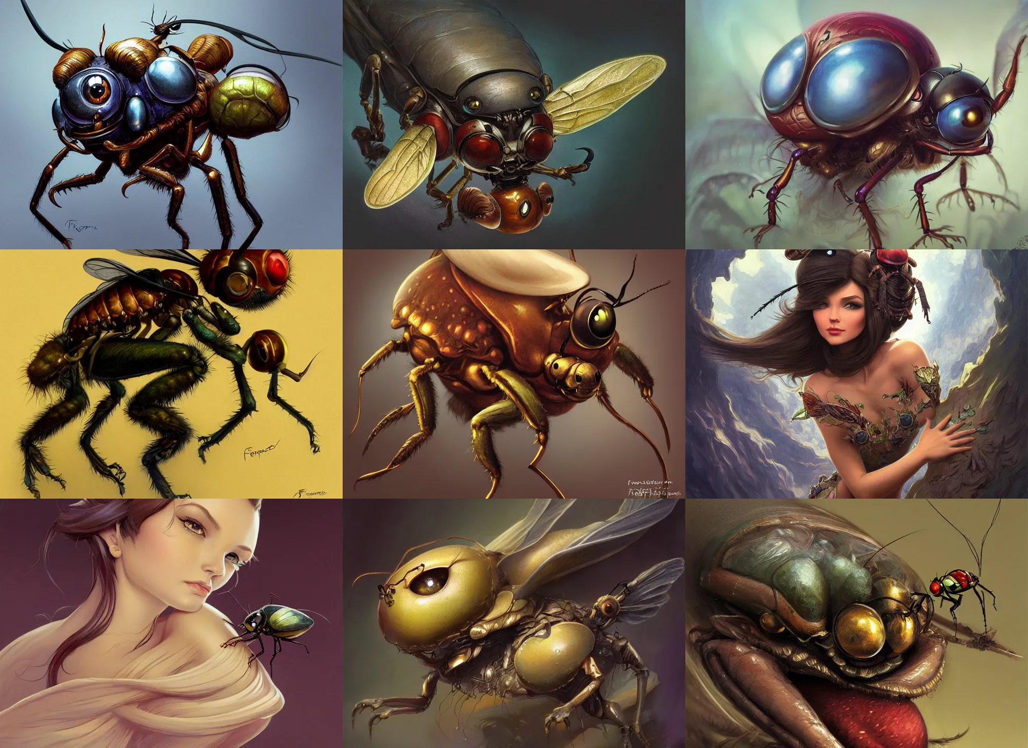 Prompt: an anthropomorphic fly with big eyes getting squashed, diffuse lighting, fantasy, intricate, elegant, highly detailed, lifelike, photorealistic, digital painting, artstation, illustration, concept art, smooth, sharp focus, art by frank frazetta and marco bucci and loish and rossdraws and artgerm and alphonse mucha