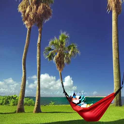 Prompt: cat with sunglasses lounging in a hammock between two palm trees