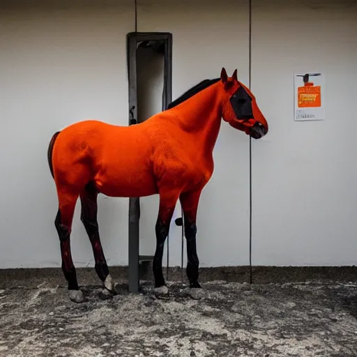 Image similar to horse with orange inmate clothes, in a jail