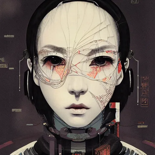 Image similar to a beautiful ukiyo painting of cyberpunk woman, wearing space techwear, detailed symmetrical close up portrait, intricate complexity, by takato yamamoto, wlop, krenz cushart. cinematic dramatic atmosphere, sharp focus