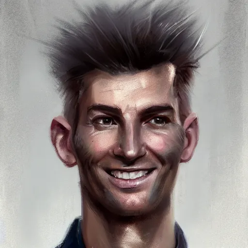 Image similar to portrait of a man by greg rutkowski, he is about 3 0 years old, mixture between german and turkish, copper quiff hair, uncanny smile, very tall and slender, he is wearing a futuristic police gear, highly detailed portrait, digital painting, artstation, concept art, smooth, sharp foccus ilustration, artstation hq