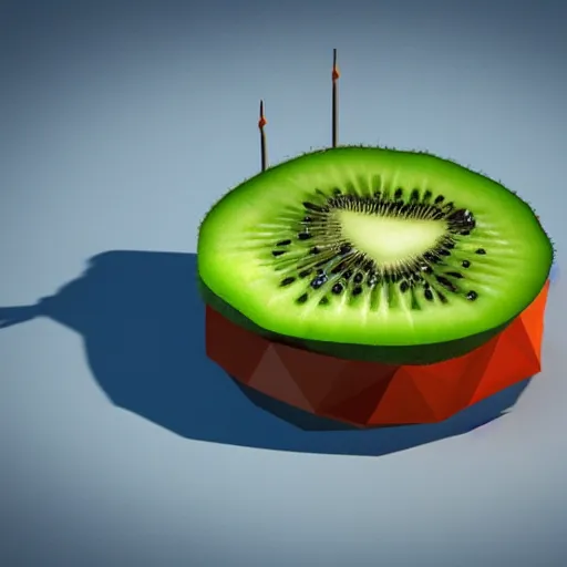 Image similar to a funny turntable with a needle on top of kiwi slice, a low poly render by tim biskup, featured on polycount, computer art, sketchfab, rendered in maya, voxel art