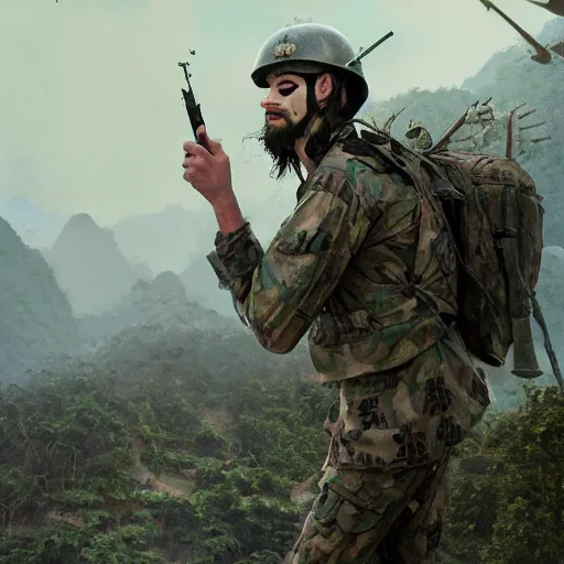 Image similar to an extremely detailed matte painting of a ridiculously good looking jesus that looks like a soldier in the vietnam war, dressed as joker from full metal jacket by stanley kubrick, wearing a ballistic helmet that says'born to save '!!!!, camouflaged gear, jungles of vietnam beautiful, intricate, cinematic, greg rutkowski, stanley kubrick, octane render