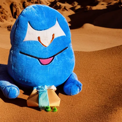 Image similar to blue'snappy gifts'human - sized plush doll, in the desert, holding gift, happy atmosphere, high detail, 8 k