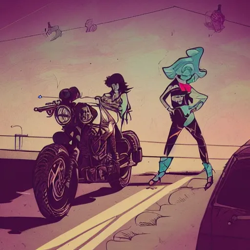 Prompt: a colorful comic noir illustration of a hot tattooed women riding a motorcycle through a post-apocalyptic desert by Queens of the Stone Age and sachin teng, dark vibes, street art, cinematic, high contrast, depth of field