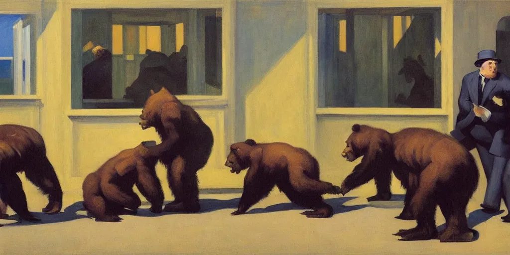 Prompt: edward hopper's painting, of a group of werebears robbing a bank