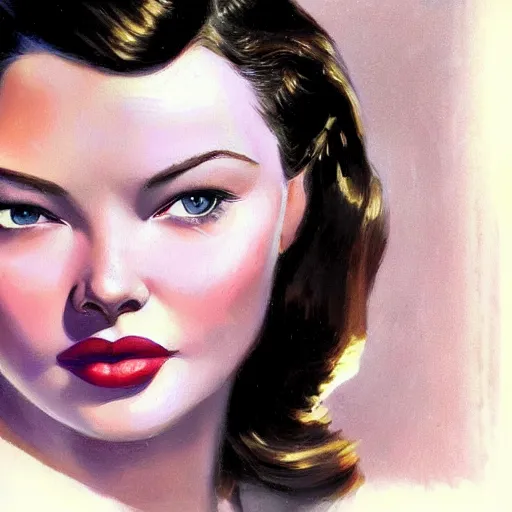 Prompt: young beautiful Gene Tierney color studio publicity photo , tight face shot portrait, highly detailed, digital painting, artstation, concept art, illustration, art , by dean cornwell