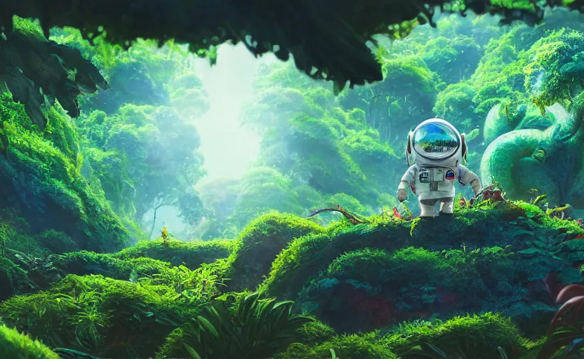 Image similar to a still of a cute adorable tiny astronaut, on a planet of lush foliage, with an enormous kaiju dragon surrounding, magical forest, sharp focus, neon backlit, highly detailed, disney pixar studio ghibli makoto shinkai, digital painting, matte, octane render, global illumination, iridescent, anime, 8 k concept art