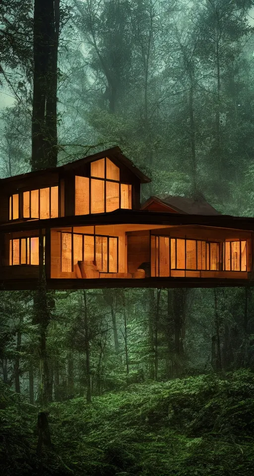 Prompt: an exquisitely designed wooden house in a lush forest, architectural photography, dark and dim lighting, beautiful, tranquil, moody, cinematic, fantasy, 3 5 mm lens, volumetric lighting, first person view, photographic render, hyper realistic