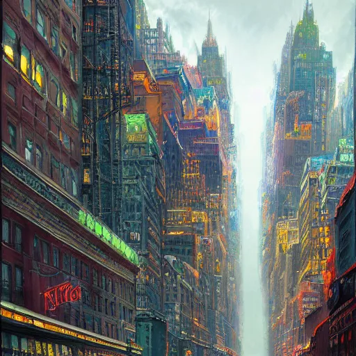 Image similar to artstation concept of new york city, bright colorful, hyperdetailed, artstation trending, world renowned artists, worth1000.com, historic artworks society, antique renewel, cgsociety, by greg rutkowski, by Gustave Dore, Deviantart