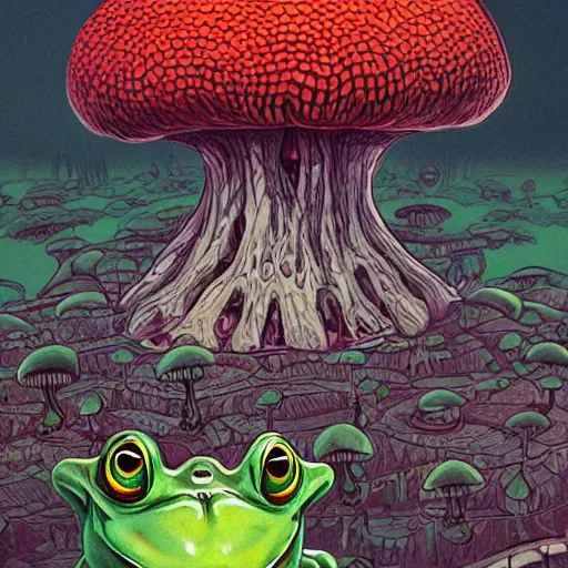 Image similar to A centered waist up portrait of a scary psychedelic godlike anthropomorphic frog smoking tobacco , magic mushroom village in background . award winning. superb resolution. in the art style of junji Ito and greg rutkowski . Detailed Mushroom city in background. Hyper realistic anime. Perfect art. Dalle2