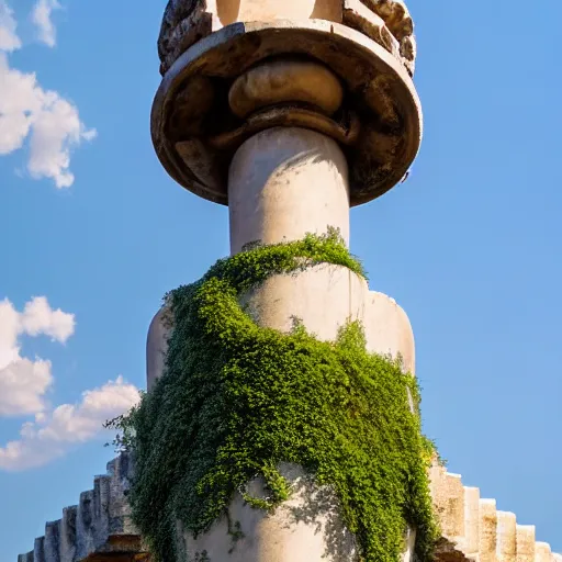 Prompt: full-body view of beatiful young greek godess in steel helmet standing on a giant Zeus head, greek temple of olympus glory island little wood bridge painting of tower ivy plant in marble late afternoon light, wispy clouds in a blue sky, by frank lloyd wright and greg rutkowski and ruan jia