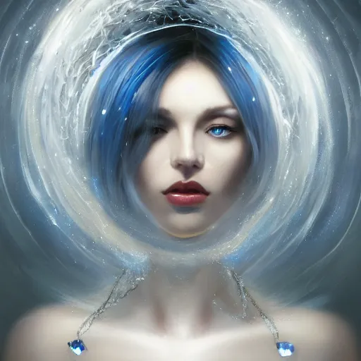 Prompt: masterpiece portrait of an aesthetic beautiful mage woman, ice spell, 3 0 years old woman, thin face, black dynamic hair, wearing silver diadem with blue gems inlays, silver necklace, painting by wlop, atmospheric effects, chaotic blue sparks dynamics in the background, intricate, artstation, fantasy