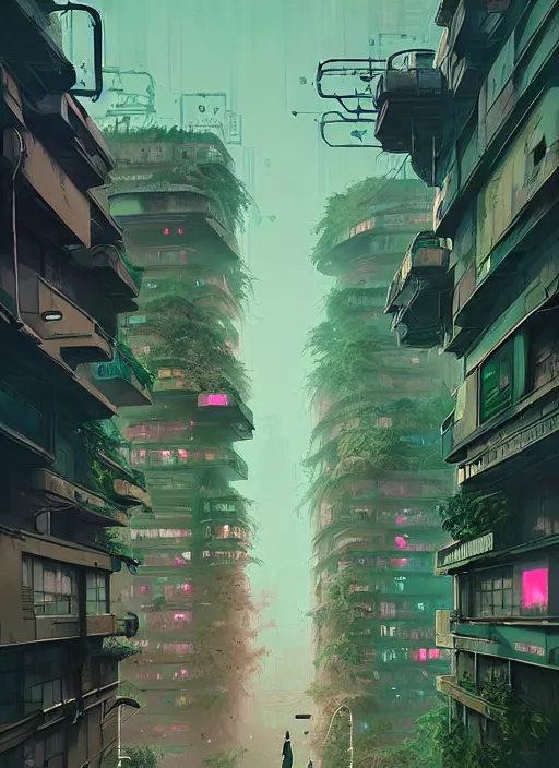 Image similar to highly detailed matte painting, of a dystopian calligraphy graffiti tag city with thick green overgrowth, by atey ghailan, by greg rutkowski, by greg tocchini, by james gilleard, by joe fenton, by kaethe butcher, pink, brown, light blue and white mystical color scheme, grunge aesthetic, octane render