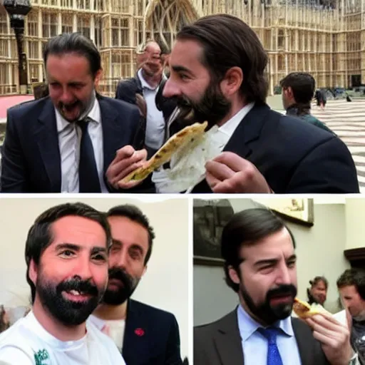 Image similar to pablo iglesiasn on the left, and santiago abascal on the right sharing a kebab in the houses of parliament